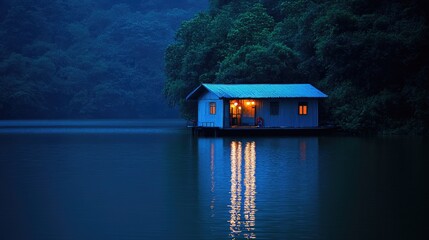 A peaceful boathouse illuminated by lanterns at night, with soft light reflecting on the water, creating a magical and serene atmosphere