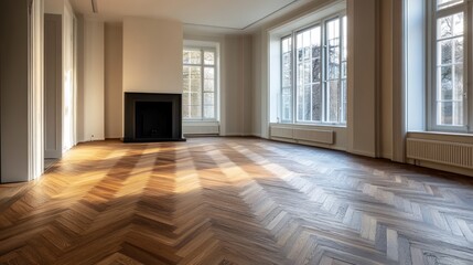 Obraz premium Sunlit Herringbone Floor in Luxurious Empty Room