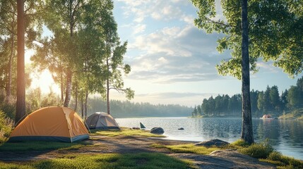 A peaceful lakeside camping trip, with tents set up by the water and travelers enjoying the tranquility of nature