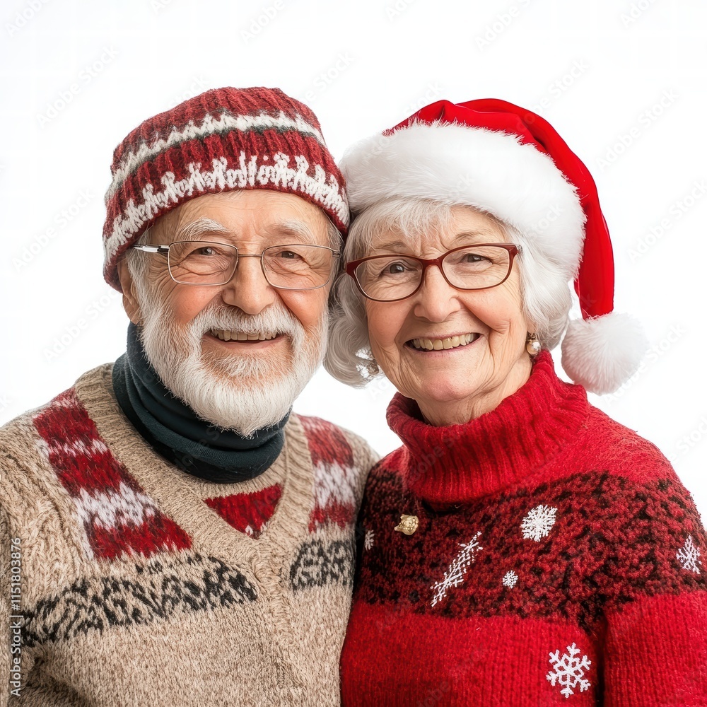 Wall mural A joyful couple, both over the years, smiles warmly at the camera while wearing festive clothing