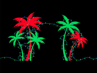 Palm tree silhouettes decorated with Christmas garland with colorful lights. Garlands decoration tropical palm trees on black background. Design for greeting card and banner. Vector illustration