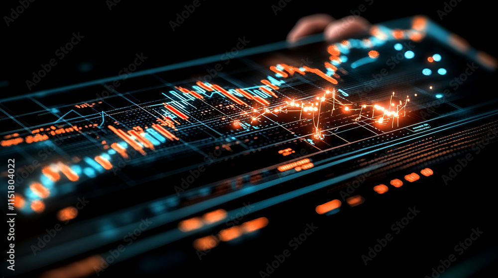 Aufkleber digital data visualization, market trends analysis displayed on a screen with glowing lines & charts