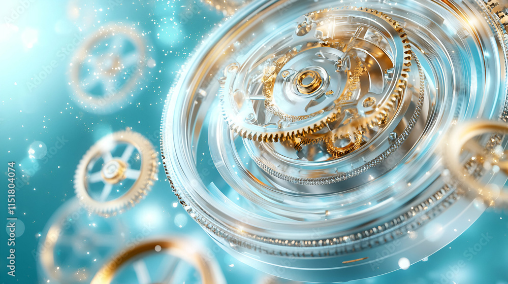 Poster interlocking gears, precision engineering in motion, a symphony of metal and light, creating elegant