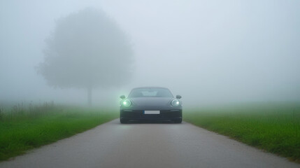Fototapeta premium Car Driving on a Foggy Country Road with Low Visibility and Blurred Surroundings, Emphasizing Atmospheric Haze and Driving Safety Challenges in Rural Areas