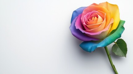 Fototapeta premium Vibrant rainbow rose in soft light natural setting floral photography close-up view nature's beauty
