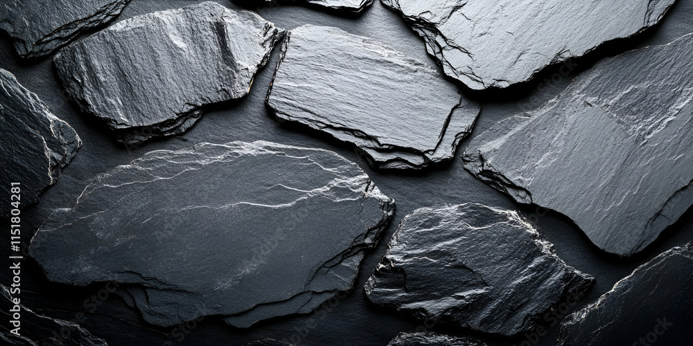 Poster dark slate texture, irregular stone pieces arranged artistically, creating a dramatic visual effect 