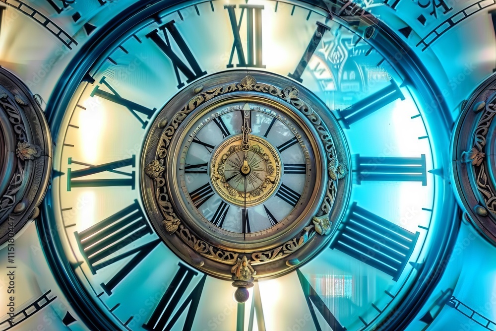 Poster exploring time abstract background featuring clock motifs and futuristic time travel technology