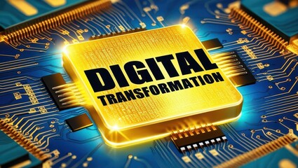 A vibrant microchip image showcasing "DIGITAL TRANSFORMATION" in bold, emphasizing technology's evolution and its impact on industries.