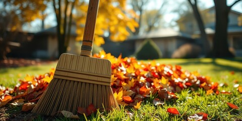 Autumnal Yard Work A Broom Resting Amidst a Pile of Colorful Fallen Leaves on a Lush Green Lawn