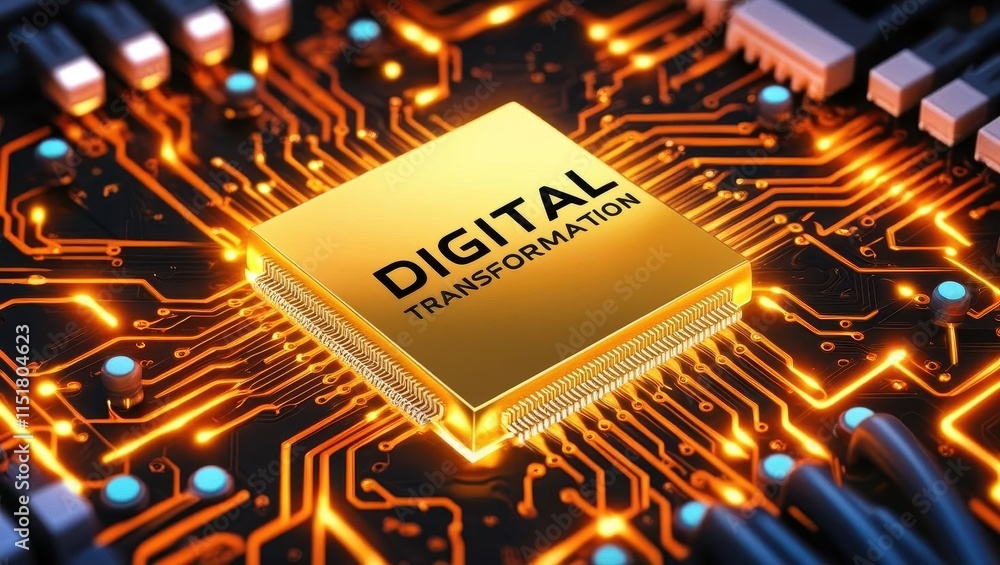 Poster a futuristic microchip glows with the words 