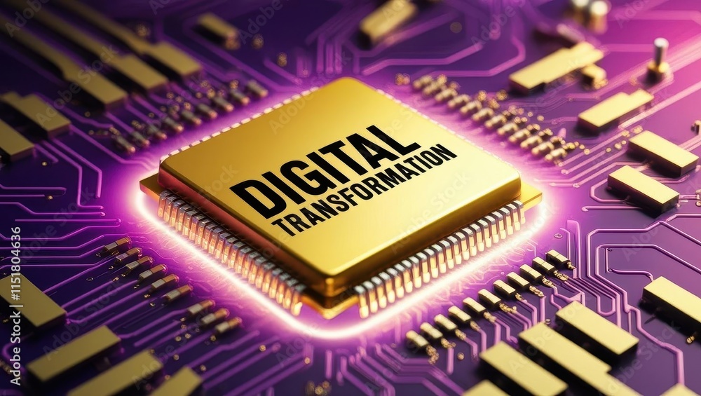 Poster a vibrant image of a microchip featuring the words 
