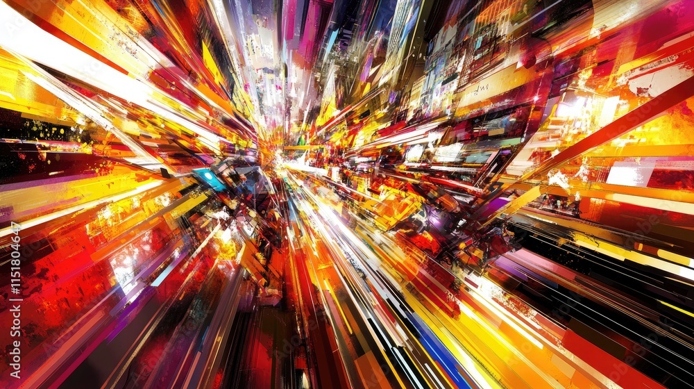 Poster abstract shapes and neon lights intertwining in a dynamic fusion of 2d and 3d elements