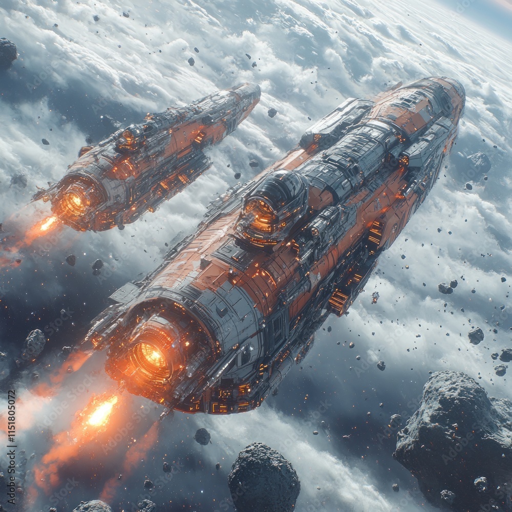 Poster two futuristic spaceships with orange and grey hulls fly through an asteroid field above a cloudy pl