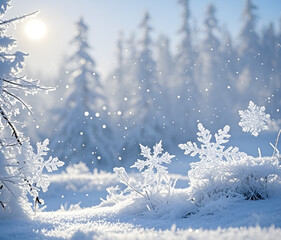 Winter panorama landscape with a snow-covered forest and trees at sunrise. A winter morning marking the beginning of a new day. Winter landscape with sunset, panoramic view