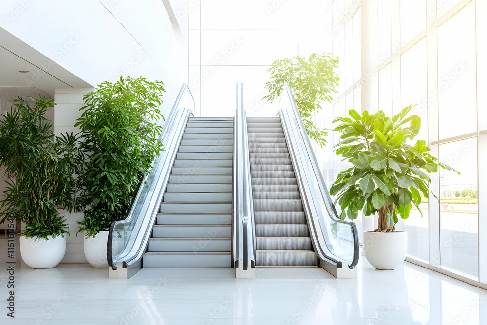 Poster modern escalators in bright lobby with lush plants: indoor architecture features clean lines and nat
