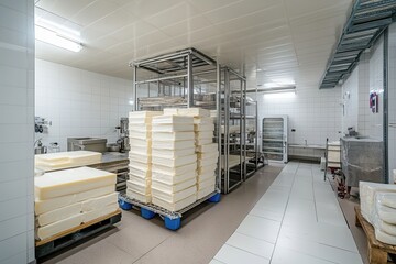 Stacks of cheese blocks in a dairy. Shows cheese production, storage, and hygiene in food industry.