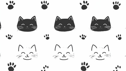 Fototapeta premium Cute Cat Faces & Paw Prints, A Charming Pattern Design