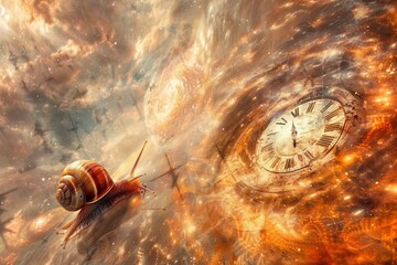 Futuristic clock featuring spinning fractal dial and glowing snail in digital nebula background