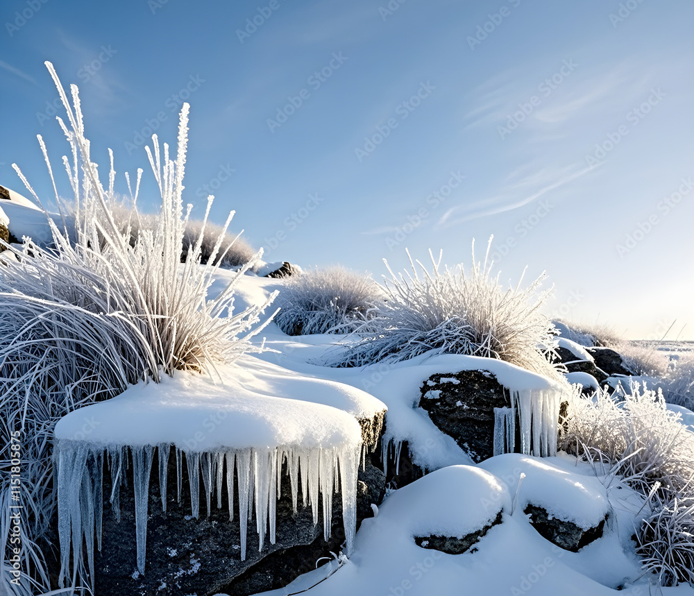 Sticker Winter panorama landscape with a snow-covered forest and trees at sunrise. A winter morning marking the beginning of a new day. Winter landscape with sunset, panoramic view