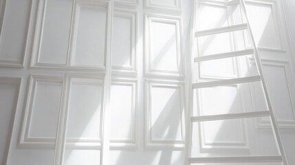 Fototapeta premium White Ladders Lean Against Paneled Wall