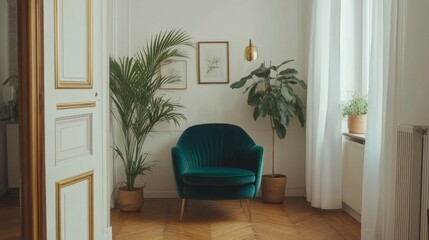 Elegant Living Room Corner With Green Velvet Chair And Plants