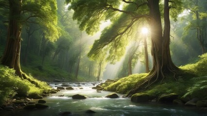 A lush green forest with sunlight streaming through tall, ancient trees and a peaceful river flowing."