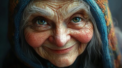 An elderly woman with striking blue eyes and a joyful smile conveys warmth and wisdom while wearing a vibrant headscarf in a softly lit indoor space