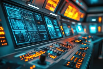 Naklejka premium Futuristic Control Panel With Multiple Screens Displaying Data