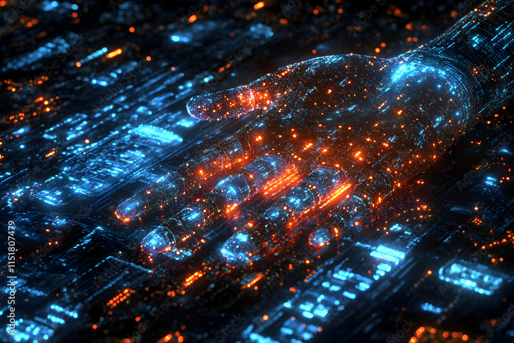 Poster digital hand interacting with circuit board, abstract glowing network, futuristic technology, data s