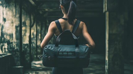 A person stands in an abandoned space, holding a duffel bag, suggesting readiness for an adventure.