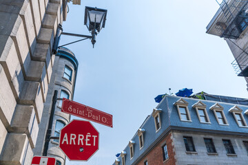 Retro style building in Old Montreal. Montreal, Quebec, Canada. Saint Paul Street (Rue Saint-Paul).