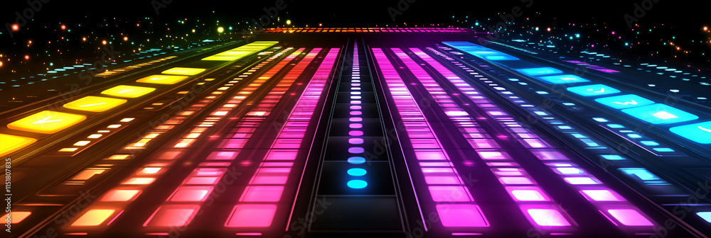 Poster vibrant neon grid, colorful lights illuminate futuristic interface, creating a dynamic and energetic