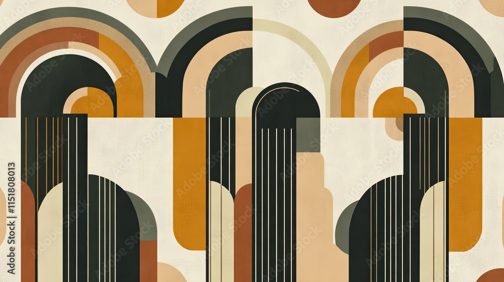 Poster symmetrical shapes with clean lines in muted tones, creating a sleek and modern background