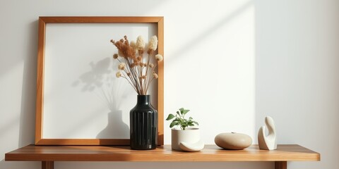 Serene Minimalist Home Decor Featuring Dried Flowers in a Black Vase and Modern Sculptures