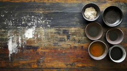 Small bowls of spices and sauces on wooden surface