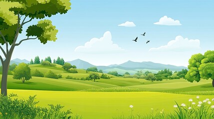 Fototapeta premium Vibrant green landscape with distant mountains, creating a calm, natural background