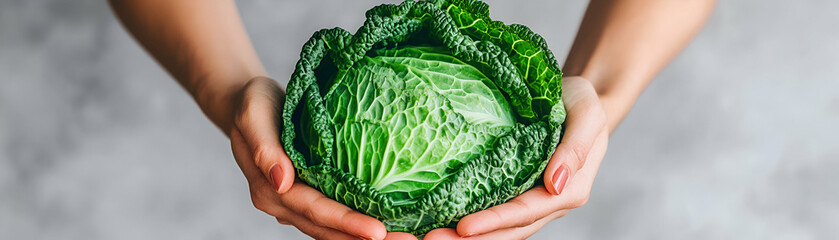 Obraz premium Fresh Green Cabbage Held Gently in Hands, Promoting Healthy Eating Habits and Nutritional Benefits for a Balanced Diet.