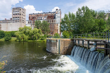 Lock No. 1 of Lachine Canal. Lachine Canal National Historic Site in Old Port of Montreal. Silo...