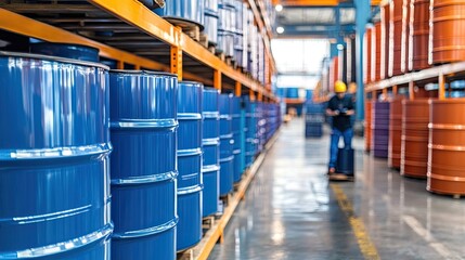 Warehouse worker organizing paper drum packaging on racks, with bright lighting highlighting the clean and sustainable design of the drums.
