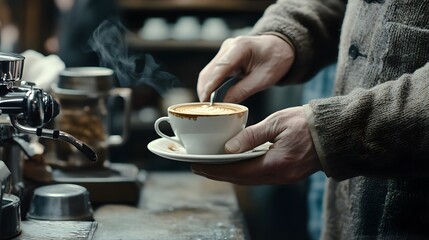 A person stirs a steaming cup of coffee on a wooden counter in a cozy caf&eacute; setting.