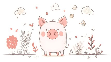 Adorable Pink Piglet Amidst Delicate Floral Surroundings