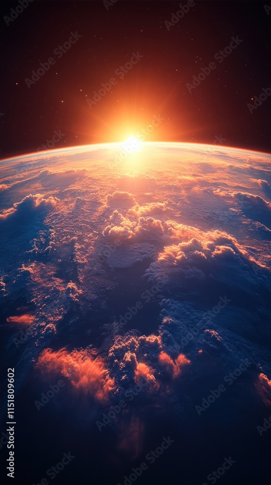 Poster sunrise earth view from space, showing clouds and atmosphere.