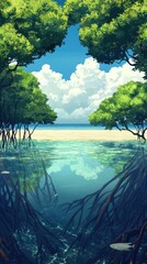 Serene beach scene, mangrove roots, clear water.