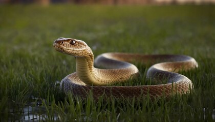 Fototapeta premium Title: Alert Snake Emerging from Green Grass in Natural Environment at Dawn 