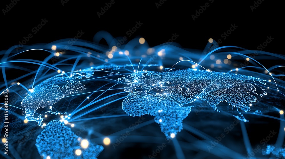 Poster global network connections visualized with bright blue lines and dots representing data flow