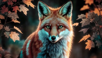 Fototapeta premium Artistic Fox Portrait with Teal and Orange Tones against Autumn Background 