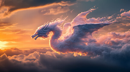 Dragon fantasy art clouds, Magical dragon in sky, Dragon flying in sunset, Majestic dragon artwork scene