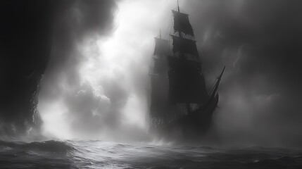 Fototapeta premium Monochrome illustration of a ghostly galleon sailing through a stormy sea, shrouded in mist and darkness.