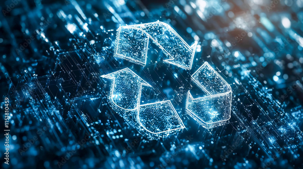 Poster the recycling symbol is in the form of glowing lines on the background of an electronic circuit. rec