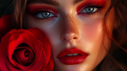 Conceptual portrait with bold red rose aesthetics